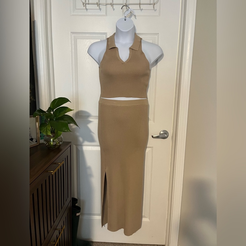 Fashion Nova Camel Ribbed Skirt Set